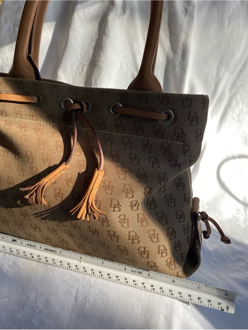 Dooney & Bourke Brown Monogram Drawstring Tote with Tan Trim